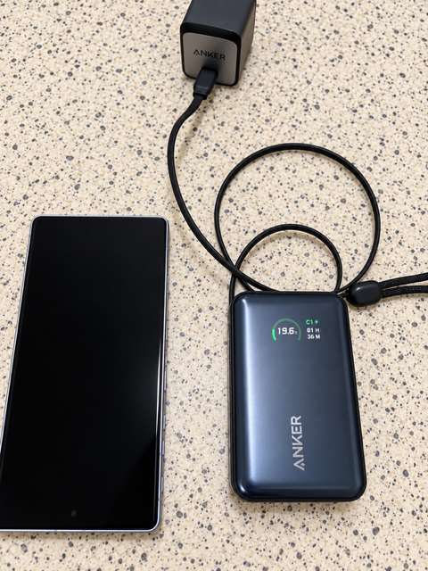Anker Nano II 65Wとケーブルを接続して充電中のAnker Nano Power Bank