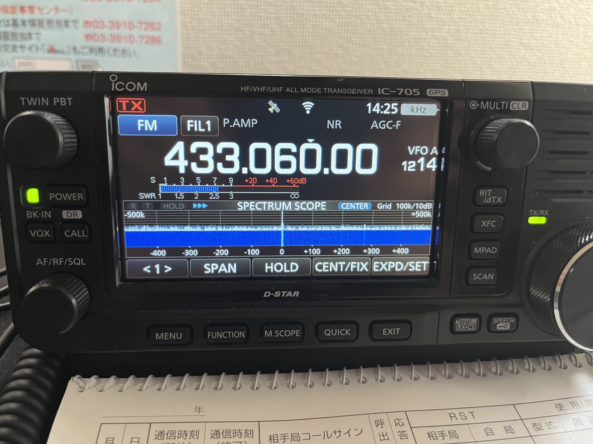 433MHz帯をスペクトラムスコープ表示するIC-705
