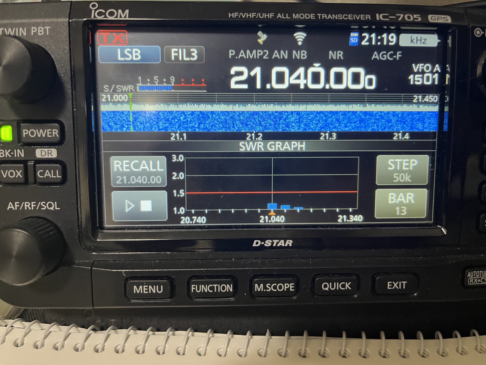 IC-705で21MHz帯のSWRグラフを測定した画面